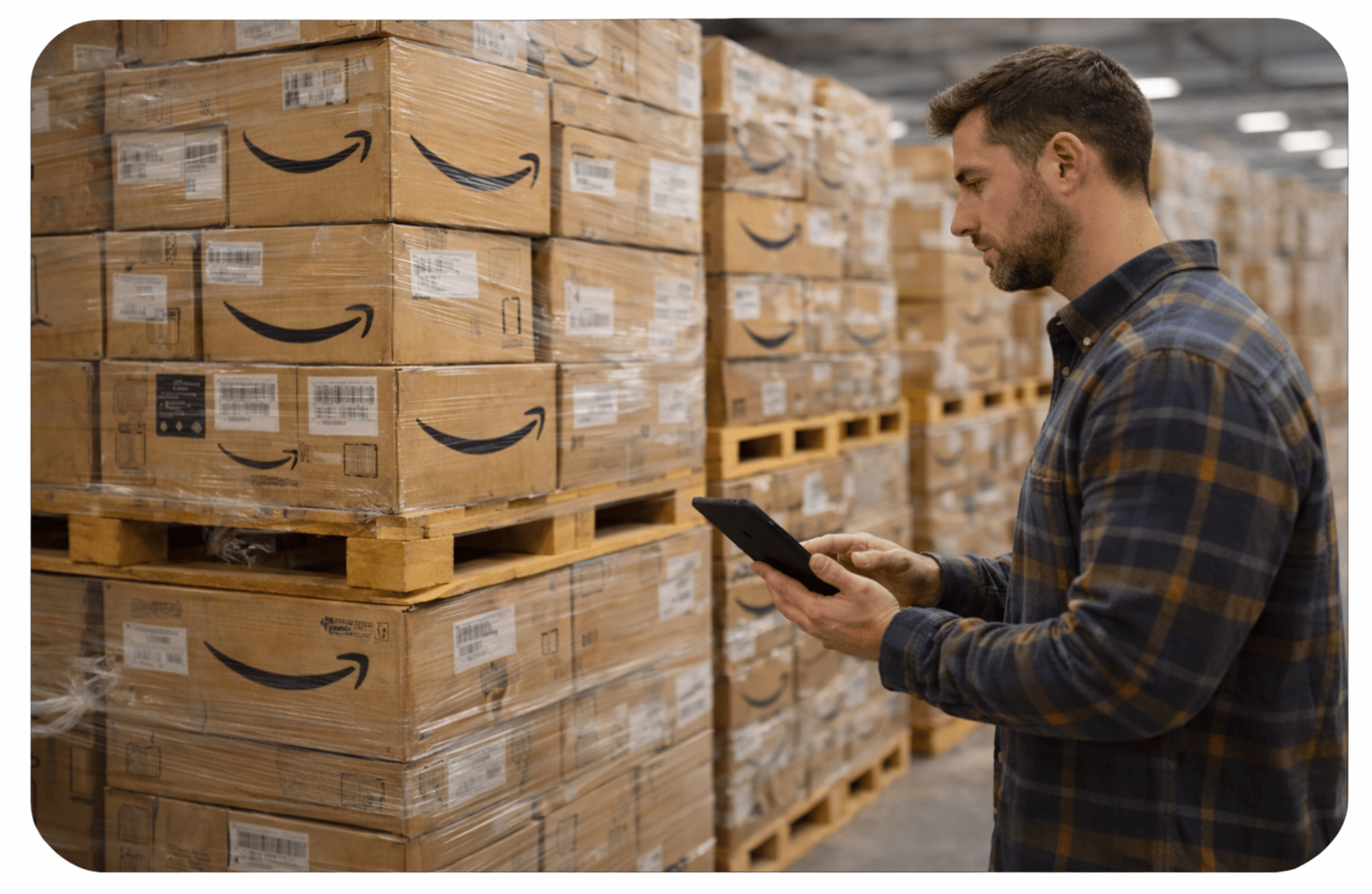 Palés de devoluciones de Amazon en almacén listos para su venta a revendedores