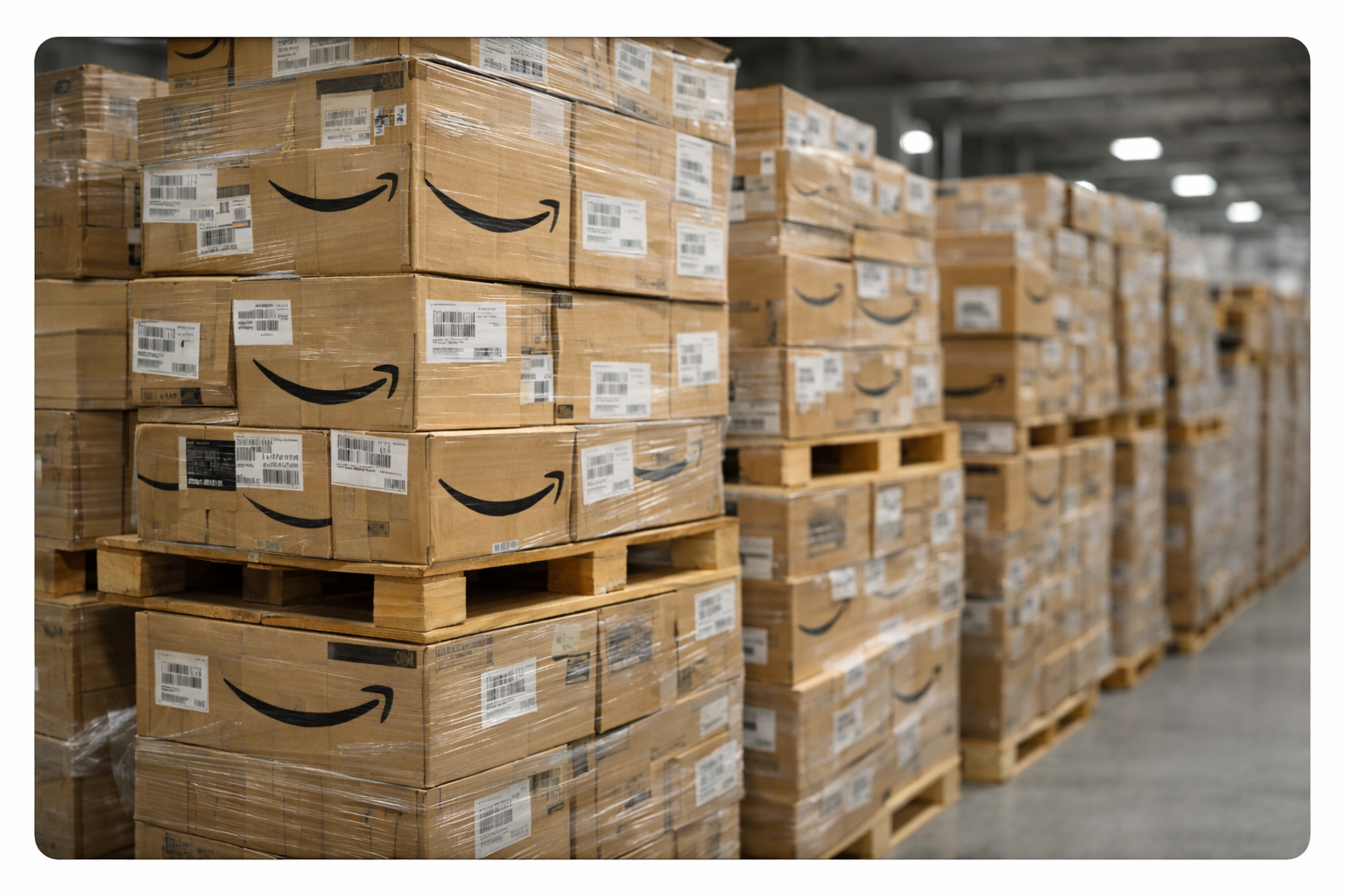 Palés de devoluciones de Amazon almacenados en un almacén logístico